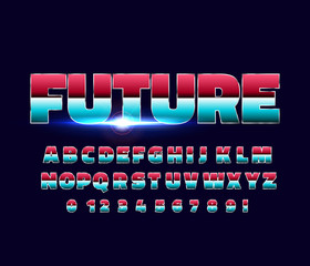 Shiny Chrome alphabet retro font. Sci-fi 80s future style.