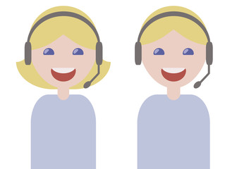 girl and guy operators phone headphones microphone smiling blondes in blue light t-shirts customer service issues isolated over white background
