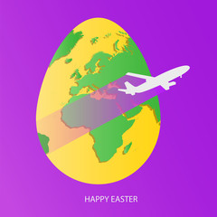 Easter egg with green world map. Yellow Planet Earth in form of egg on bright purple background with flying light gray airplane and greeting text. Vector illustration