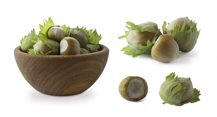 fresh hazelnuts isolated on white background. Set of fresh hazelnuts on white background. Hazelnut isolated on white background as package design element