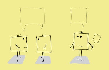 holding debates/ three vector fictional characters resembling squares participate in conversation