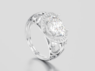 3D illustration white gold or silver decorative engagement diamond ring