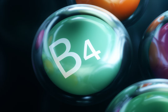 Vitamin B4, on black background. Symbol of health and longevity, 3d rendering
