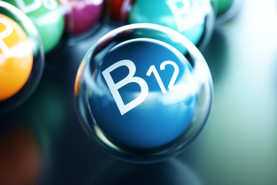 Vitamin B12, on black background. Symbol of health and longevity. 3d rendering