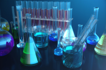 3d illustration of a chemical reaction, the concept of a scientific laboratory on a blue background. Flasks filled with colored liquids with different compositions