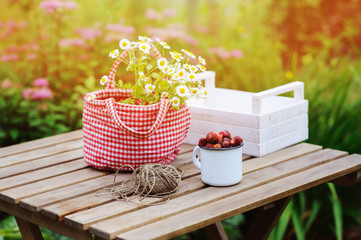 Obraz na płótnie Canvas june or july garden scene with fresh picked organic wild strawberry and chamomile flowers on wooden table outdoor. Summertime still life, healthy country living on farm concept