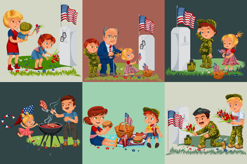 Memorial Day, adult man with children in military cemetery near grave with white monument to veteran, family boy and girl memory and remember war heroes, American flag tokens vector illustration