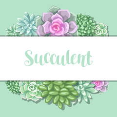 Card with succulents. Echeveria, Jade Plant and Donkey Tails