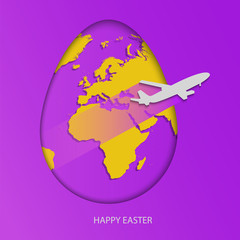 Easter egg with yellow world map. Planet Earth in form of egg on bright purple background with flying light gray air plane and greeting text Happy Easter. Vector illustration in paper-cut style