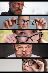 Set of photos of people men and women with glasses. Concept of having problems with eyes and eyesight