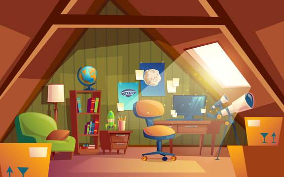 Vector attic interior, children playroom with furniture. Cozy cartoon room under roof with telescope, posters, armchair, table, bookshelf. Architecture background of garret, mansarda.
