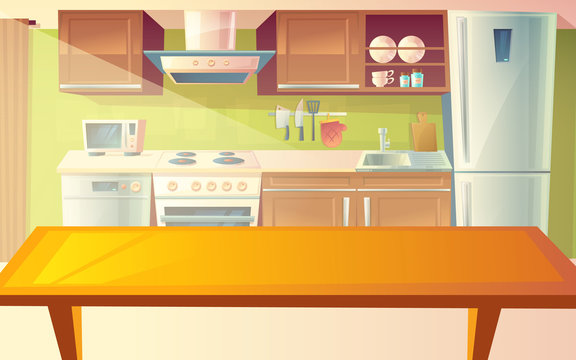 Vector cartoon illustration of cozy modern kitchen with dinner table and household appliances, fridge, stove, microwave, exhaust hood. Comfortable, clean dining-room, with tableware, interior inside