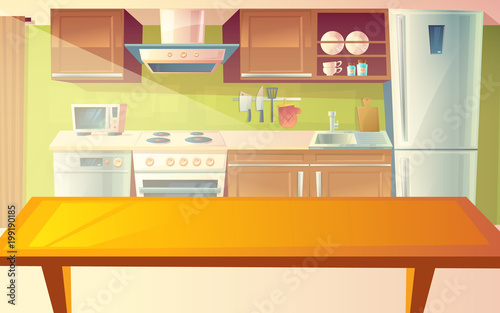 "Vector cartoon illustration of cozy modern kitchen with ...