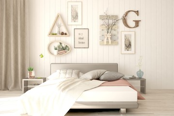 Idea of white minimalist bedroom. Scandinavian interior design. 3D illustration