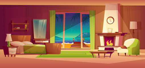 Vector night panorama of villa interior, window with seaside. Light from fireplace. Bedroom of tropical hotel, resort, tourism concept. Luxury house with wooden shelf