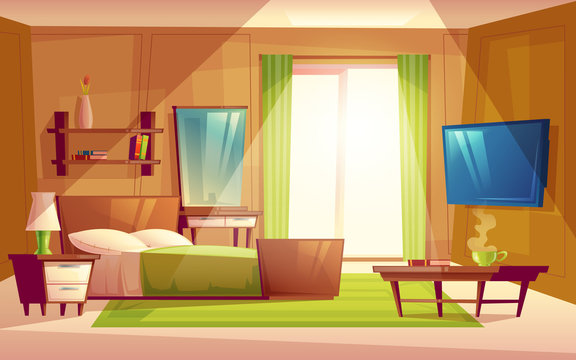 Vector cartoon interior of cozy modern bedroom, living room with double bed, TV set, dresser, bookshelf, carpet, house inside. Colorful background, apartment concept with furniture