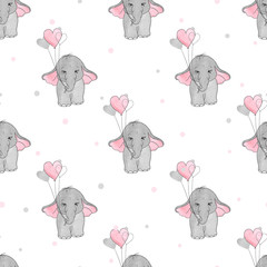 Nahtloses Muster mit niedlichen Elefanten und Herzballons. Vektorhintergrund für Kinderdesign.