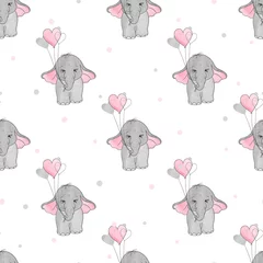 Wallpaper murals Animals with balloon Seamless pattern with cute elephants and heart balloons. Vector background for kids design.
