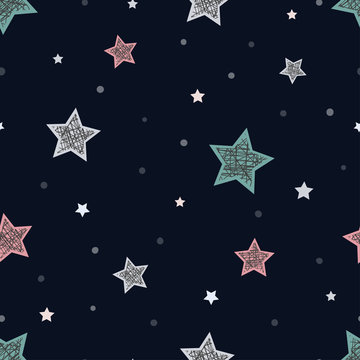 Seamless childish pattern with stars. Abstract night background for christmas card, new year invitation, poster, textile, fabric.