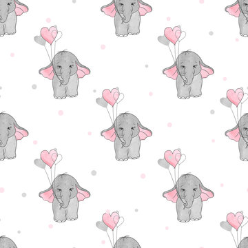 Seamless pattern with cute elephants and heart balloons. Vector background for kids design.