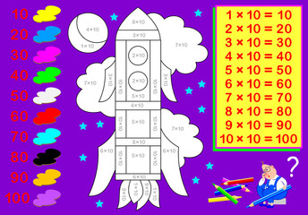 Worksheet with exercises for children with multiplication by ten. Need to solve examples and paint the picture in relevant colors. Vector cartoon image.