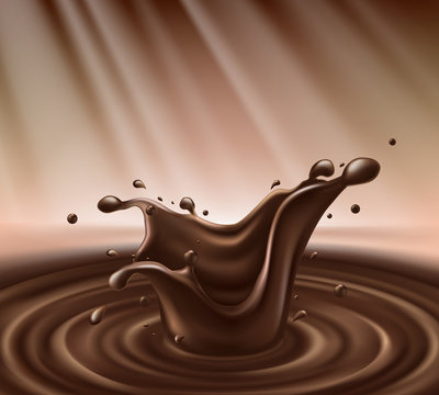 Vector background with 3d realistic splash of hot melted chocolate, liquid cacao or coffee with drops, abstract splashing crown. Sweet drink, fluid dessert, mockup for brand promotion, package design