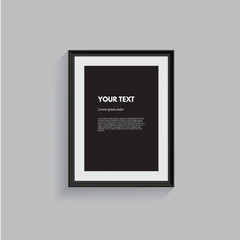 Black picture frame isolated on gray. Vector realistic design element.