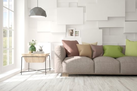 Idea of white minimalist room with sofa. Scandinavian interior design. 3D illustration