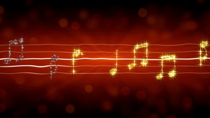 Music notes sparkling like stars on red background, passionate love song romance