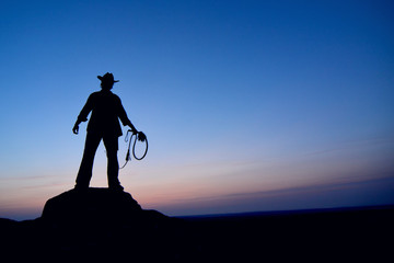 Leadership concept. Strong, brave man in cowboy hat standing on a rock with whip at sunset....