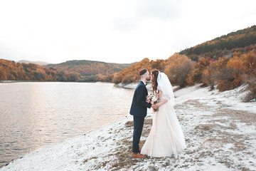 Kissing newlyweds standing over nature background. Wedding day. Celebration.