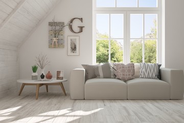 Idea of white room with sofa and summer landscape in window. Scandinavian interior design. 3D illustration