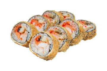 hot rolls, sushi lined on a white background, Japanese food, rice and fish, vegetables and shrimp