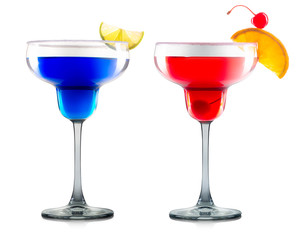 Set cocktails or mocktails in margarita glass with slice of lime and chery isolated on white background. Clipping path