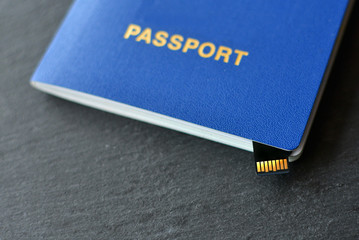 Passport id with a micro chip. Concept of a total control over the population and movements around the world.