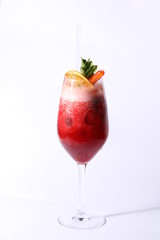 Tasty raspberry cocktail on white background