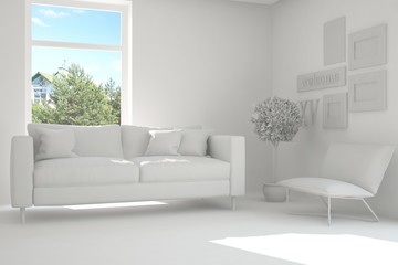 White room with sofa and green landscape in window. Scandinavian interior design. 3D illustration