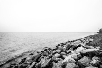 Rocks by the seashore in a black and white