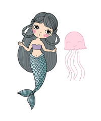 Cute cartoon little mermaid. Siren. Sea theme.