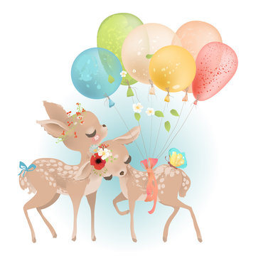 Cute baby deers with floral wreaths and tied bows and colorful balloons, butterflies and flowers