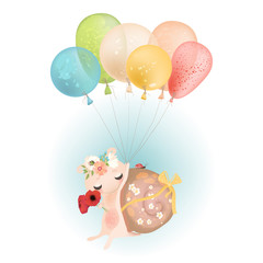 Cute baby snail flying with colorful balloons with tied bow, ladybug and flowers