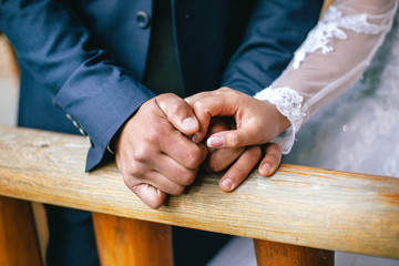 Young wedding couple holding hands