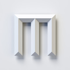 Letter M, square three dimensional font, white, simple, geometric, casting shadow on the background wall, 3d rendering