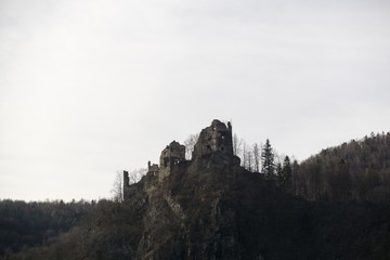 Fototapeta na wymiar Castle on the rock in colorful woods during spring. Slovakia