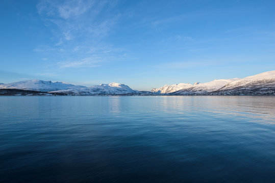 Bright landscapes taken from the waters of the Fjords around Tromsø, Norway