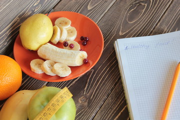 Banana, pear, аpple, orange and cranberry.