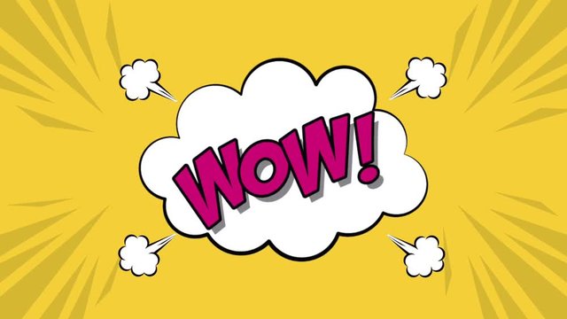 Pop art WOW speech with clouds over yellow background High definition animation colorful scenes