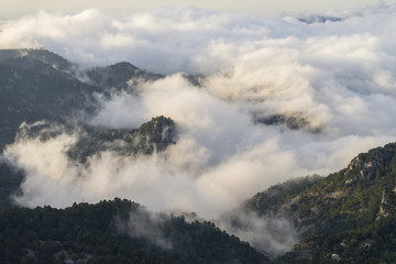 Fototapeta na wymiar Aerial view on mountaintops covered with clouds during sunrise