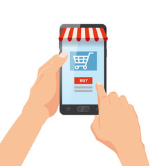 Hand holding smartphone with shopping bag. Internet order. Online supermaket. Vector illustration in cartoon style