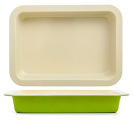 Green tray for oven  / Empty baking tray isolated on white background